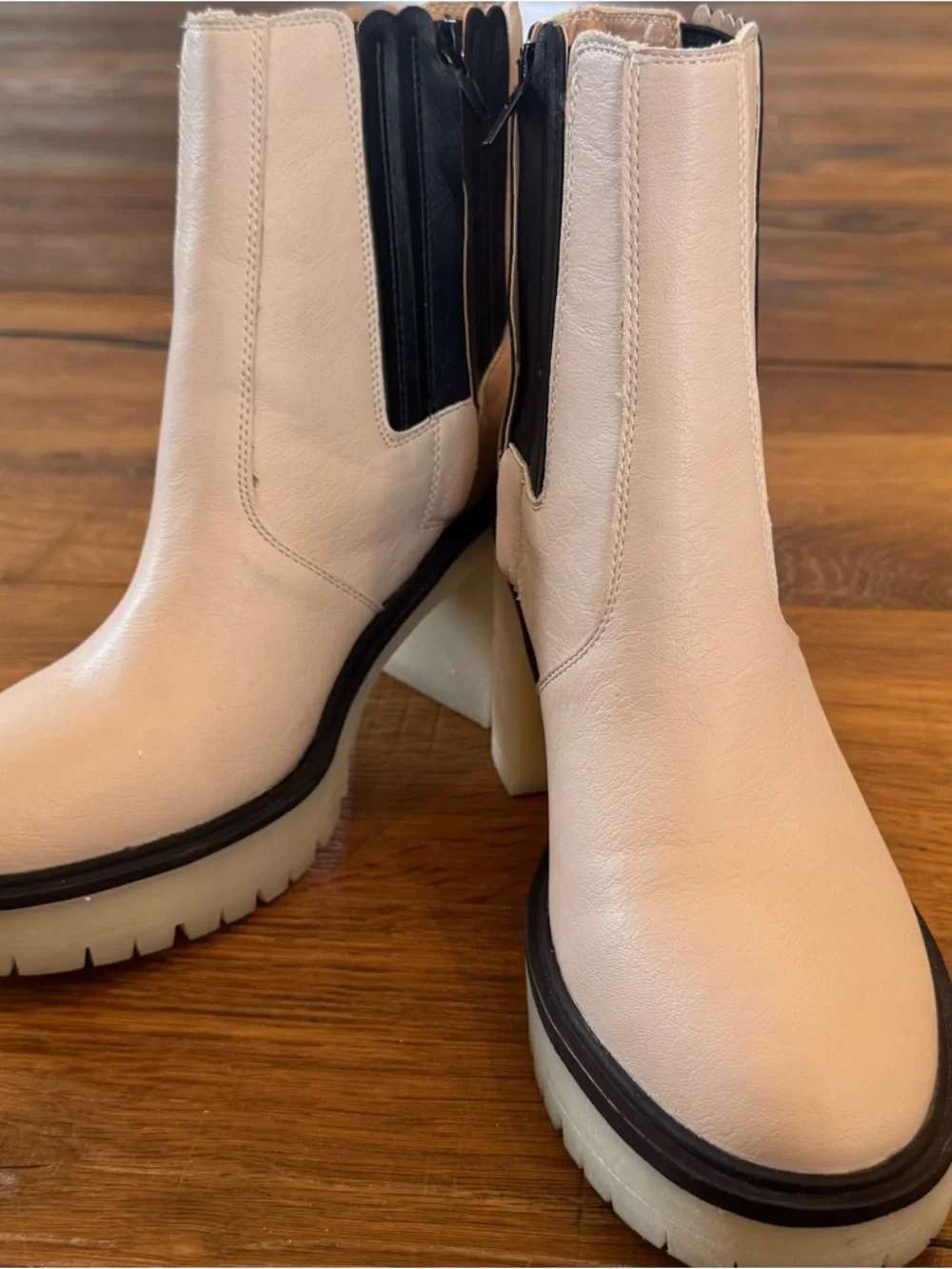 Cream Chelsea Heeled Ankle Boots with Black Elastic Panels - Picture 2 of 13